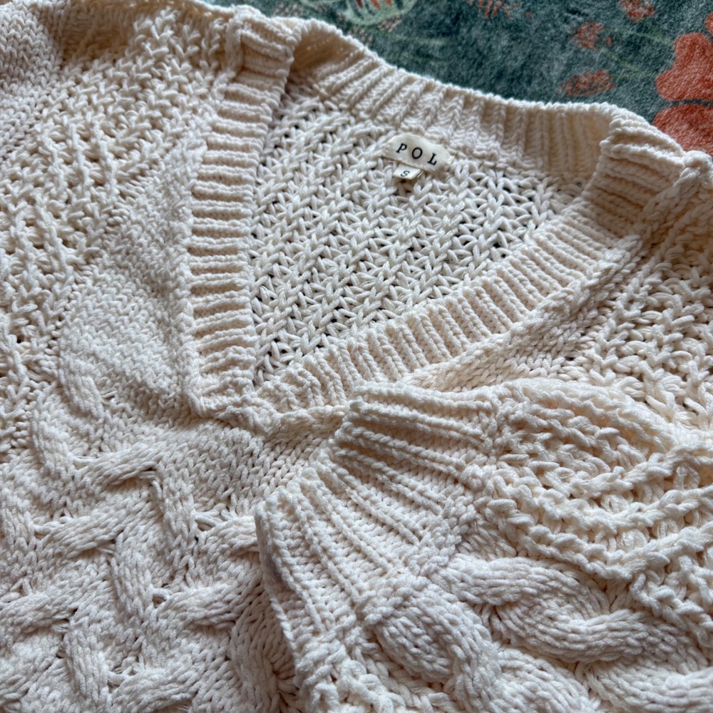 POL Cream Chunky Cable Knit V-Neck Sweater Ivory Oversized Boho YST585 Womens S